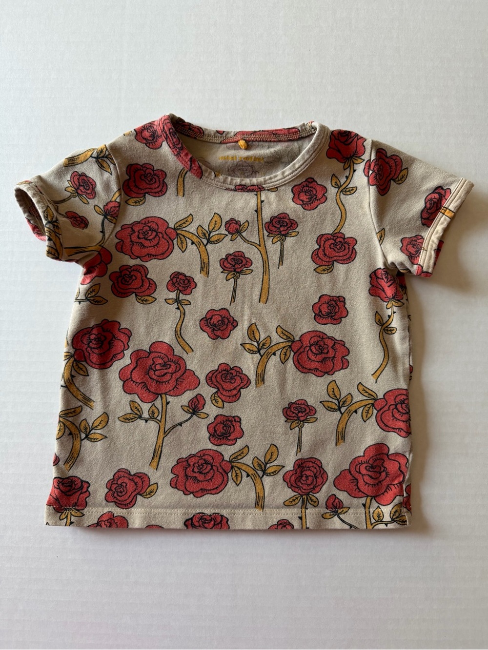 Mini Rodini Roses Floral Organic Cotton Tee 2-3Y Red Cream